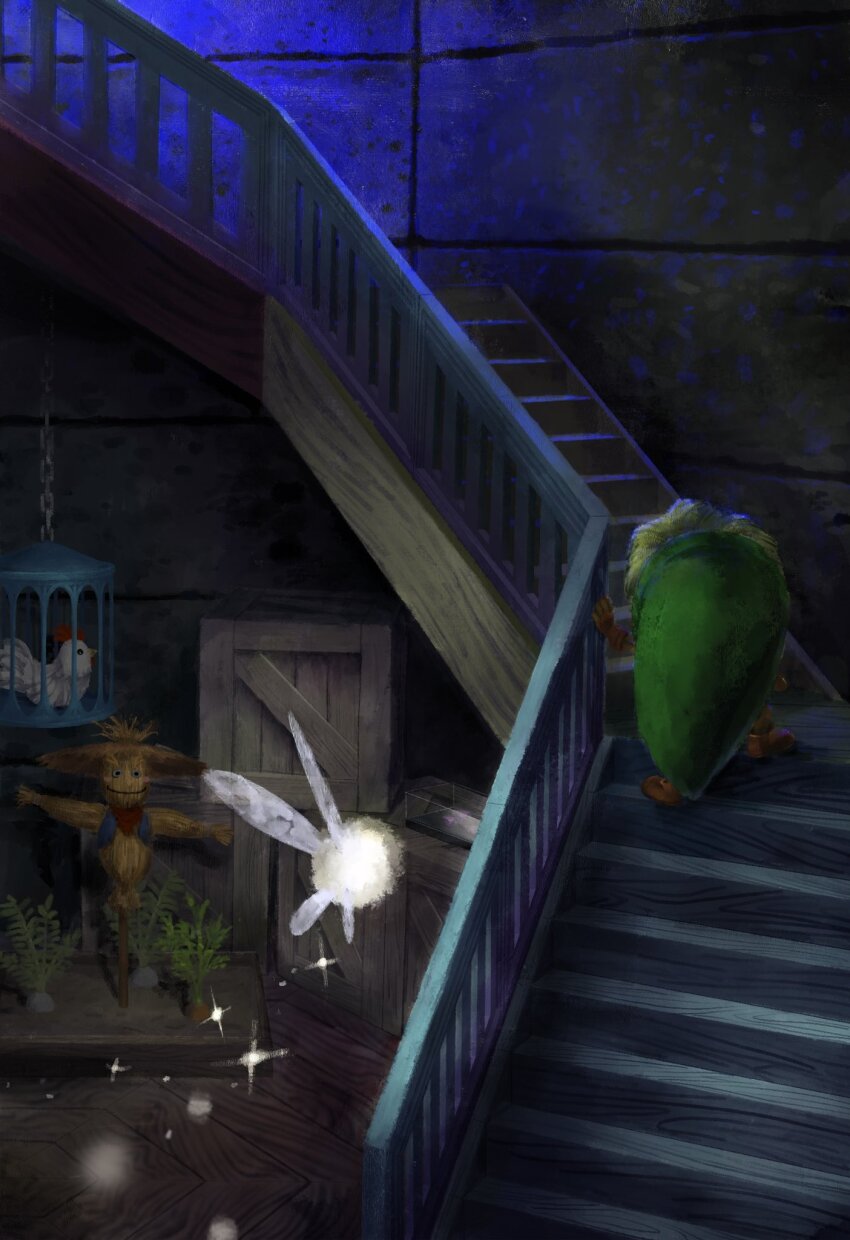 1boy 1girl bird cage carrot chicken crate cucco deku deku_link fairy hat highres indoors link nintendo phrygian_cap pierre_(zelda) planter scarecrow stairs tatl the_legend_of_zelda the_legend_of_zelda:_majora&#039;s_mask umousan