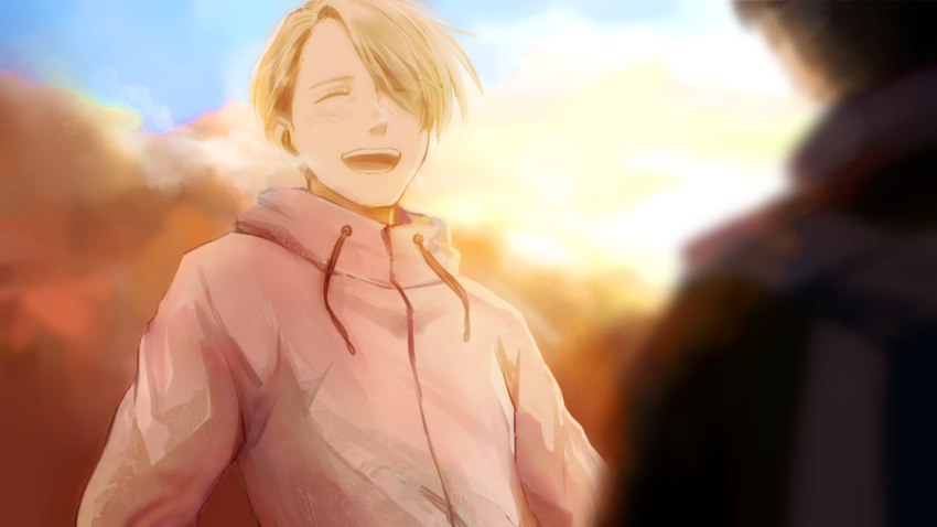 2boys ^_^ bad_id bad_pixiv_id blue_sky blurry blurry_foreground closed_eyes cloud depth_of_field closed_eyes hair_over_one_eye highres jacket katsuki_yuuri male_focus multiple_boys open_mouth silver_hair sky smile solo_focus takeshi_(mononohu20) track_jacket viktor_nikiforov yuri!!!_on_ice