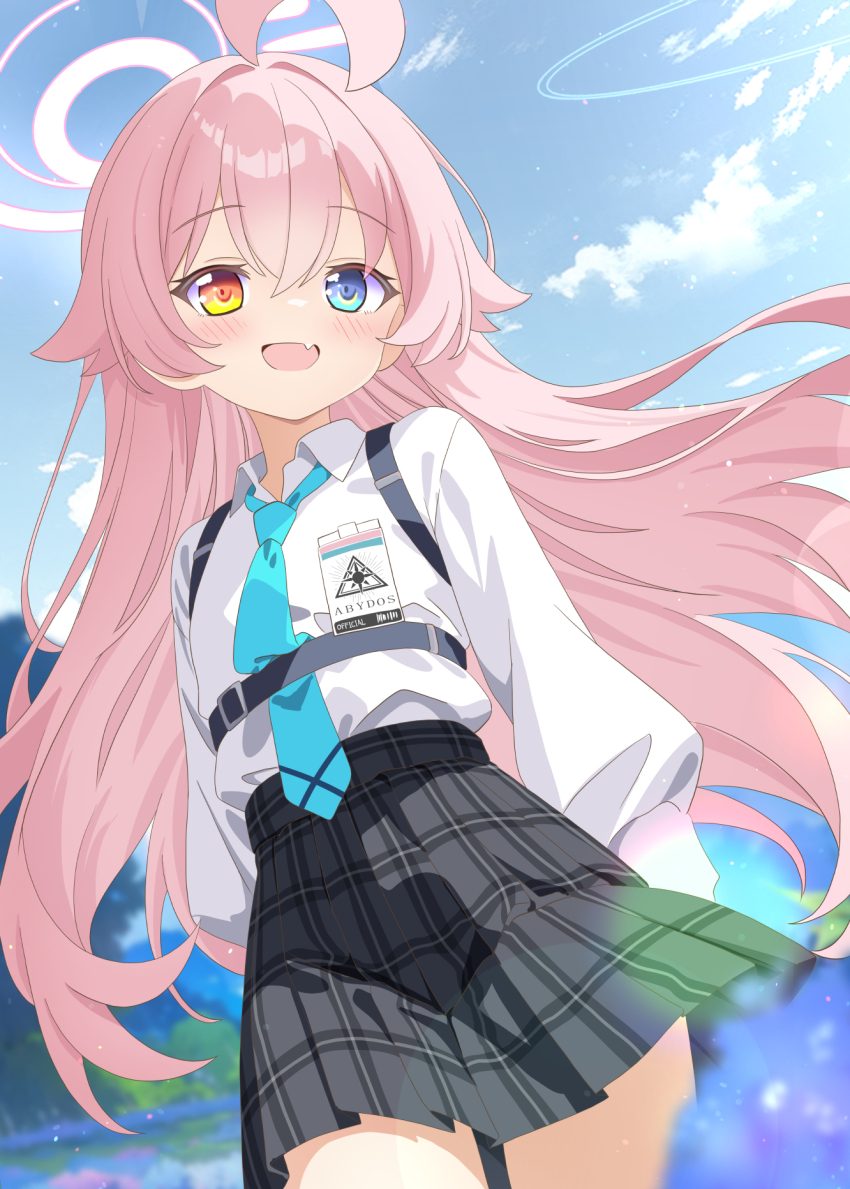 1girl :d ahoge aruka_(alka_p1) black_skirt blue_archive blue_eyes blue_necktie blush cloud collared_shirt commentary_request cowboy_shot day fang hair_between_eyes halo heterochromia highres hoshino_(blue_archive) long_hair long_sleeves looking_at_viewer necktie open_mouth outdoors pink_hair pink_halo plaid_clothes plaid_skirt pleated_skirt red_eyes school_uniform shirt skin_fang skirt smile solo white_shirt