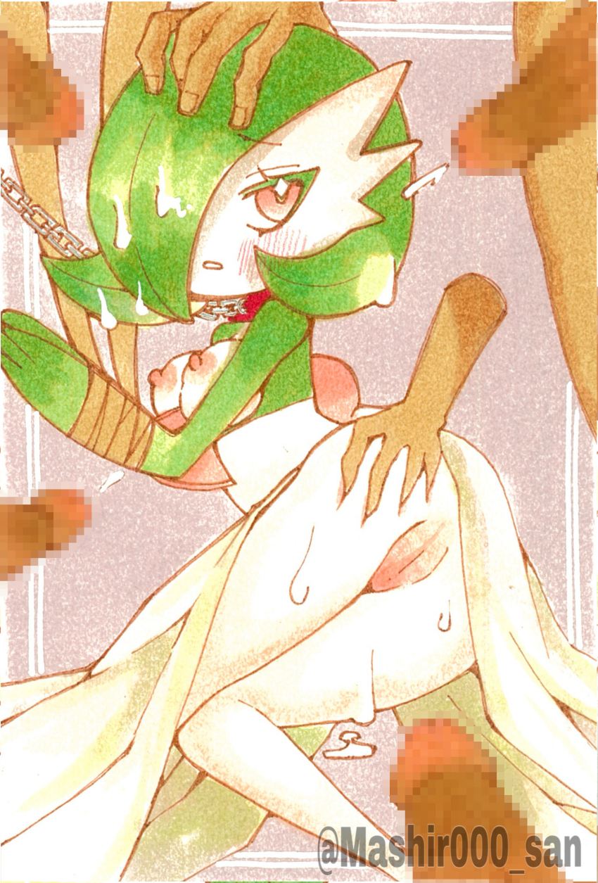 1girl 6+boys amaki_mashiro artist_name blush bob_cut bound bound_arms breasts bright_pupils censored chain chain_leash cleft_of_venus collar colored_eyelashes colored_skin covering_own_mouth cum cum_on_body cum_on_hair cum_on_legs disembodied_penis ejaculation erection gang_rape gardevoir gen_3_pokemon grabbing_another&#039;s_ass green_hair green_skin groping hair_over_one_eye hand_on_another&#039;s_head highres knees_together_feet_apart leash medium_breasts mosaic_censoring multicolored_skin multiple_boys nintendo nipples one_eye_covered outside_border own_hands_together parted_lips penis pokemon pokemon_(creature) projectile_cum pussy raised_eyebrows rape red_eyes short_hair solo_focus traditional_media twitter_username two-tone_skin uncensored watermark white_pupils white_skin
