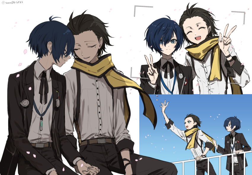 2boys black_hair black_jacket black_pants black_ribbon blue_eyes blue_hair closed_eyes closed_mouth collared_shirt commentary_request digital_media_player gekkoukan_high_school_uniform holding_hands jacket long_sleeves male_focus mochizuki_ryouji mole mole_under_eye multiple_boys multiple_views neck_ribbon open_clothes open_jacket open_mouth pants parted_lips persona persona_3 petals ribbon scarf school_uniform shirt suspenders tamaon_2525 twitter_username v w white_shirt yaoi yellow_scarf yuuki_makoto_(persona_3)
