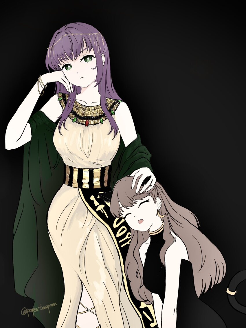 217find! 2girls :o ^_^ alternate_costume ancient_egyptian_clothes animal_ears black_background black_dress breasts brown_hair cat_ears cat_girl cat_tail closed_eyes closed_mouth collarbone commentary_request dress fang feet_out_of_frame frown fujishima_megumi green_eyes green_shawl hanamiya_nina hand_on_another&#039;s_head highres invisible_chair kemonomimi_mode link!_like!_love_live! long_hair love_live! medium_breasts multiple_girls open_mouth otomune_kozue paper_teaspoon purple_hair shawl sidelocks simple_background sitting sleeveless sleeveless_dress tail twitter_username two_side_up virtual_youtuber voice_actor_connection yellow_dress