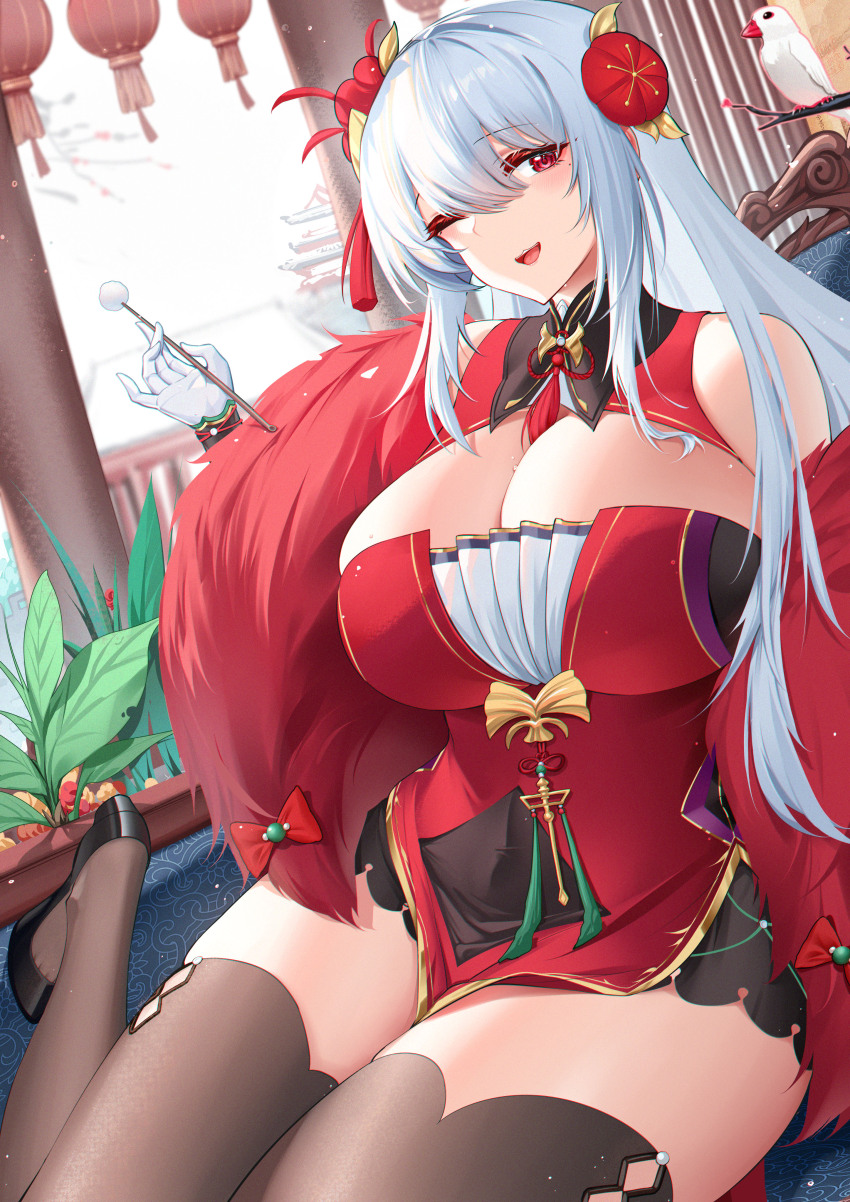 1girl absurdres architecture bare_shoulders bird black_shoes bow breasts brown_thighhighs chinese_commentary cleavage commentary_request dress east_asian_architecture feather_boa garden01 gloves gold_trim hair_ornament highres huge_breasts indoors lantern lian_(vtuber) long_hair mimikaki one_eye_closed paper_lantern red_bow red_dress red_eyes shoes sitting sixiwanzi smile solo thighhighs virtual_youtuber white_bird white_gloves white_hair