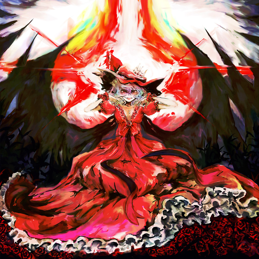 alternate_costume alternate_headwear ast bad_id bad_pixiv_id bat_(animal) bed_of_roses bow cross cross_necklace demon_wings dress fingernails flower frilled_dress frilled_sleeves frills hand_gesture hat hat_bow highres jewelry long_dress multicolored_hair nail_polish necklace puffy_short_sleeves puffy_sleeves red_dress red_eyes red_flower red_ribbon red_rose red_the_nightless_castle remilia_scarlet ribbon rose short_sleeves solo spell spell_card touhou wings wrist_cuffs