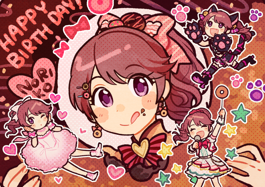 1girl animal_ears animal_hands black_footwear boots bow cat_ears cat_paws donut_earrings donut_hair_ornament dress earrings eyelashes fang food food-themed_hair_ornament food_on_face hair_ornament happy_birthday highres idolmaster idolmaster_cinderella_girls jewelry kinakotatu licking_lips multiple_views paw_print pink_boots pink_dress ponytail purple_eyes red_bow running shiina_noriko star_(symbol) tongue tongue_out