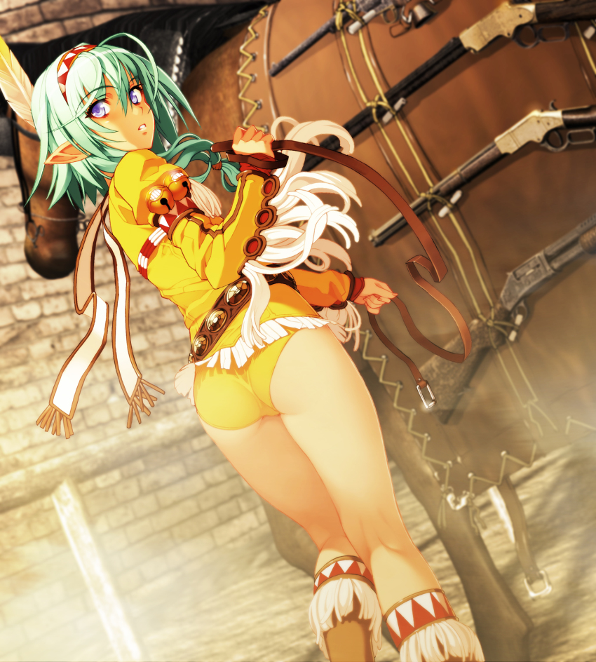 1girl ahoge alfie ass bell belt blurry boots brown_boots carbine colt_buntline cowboy_western depth_of_field dutch_angle elf feathers feet_out_of_frame female_focus fringe_trim green_hair gun hairband handgun headdress henry_model_1860 highres horse jingle_bell kneepits legs lever-action_rifle lever_action long_hair long_sleeves looking_at_viewer looking_back native_american native_american_headdress nishii_(damnedrive) nitroplus non-web_source parted_lips photoshop_(medium) pointy_ears pump_action purple_eyes revolver rifle scarf shotgun solo standing tan weapon winchester winchester_model_1866 winchester_model_1897 winchester_rifle zoku_satsuriku_no_django