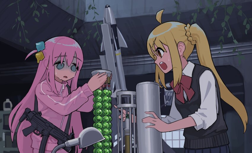 2girls absurdres black_sweater blonde_hair blue_eyes blue_skirt bocchi_the_rock! chemical_weapon cube_hair_ornament desk_lamp dirty_bomb gotoh_hitori gun h&amp;k_mp5 hair_ornament highres ijichi_nijika jacket lamp long_hair melting multiple_girls nerve_agent nerve_gas open_mouth orange_eyes osakechan0 parody pink_hair pink_jacket plant pointing rocket scared school_uniform shaded_face shirt side_ahoge side_ponytail sidelocks skirt sleeveless sleeveless_sweater submachine_gun sweat sweatdrop sweater the_rock_(movie) vines vx_(nerve_agent) weapon weapon_of_mass_destruction white_shirt