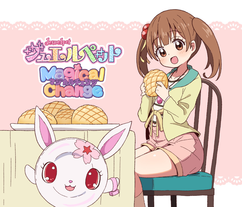 1girl :d blunt_bangs blush bread brown_eyes brown_hair chair collarbone copyright_name flat_chest food hair_bobbles hair_ornament hair_ribbon highres holding holding_food jacket jewelpet_(series) jewelpet_magical_change jewelry kirara_airi kneehighs long_sleeves looking_at_viewer medium_hair melon_bread mohei open_mouth pendant pink_footwear pink_shorts rabbit ribbon ruby_(jewelpet) shirt shorts sidelocks simple_background sitting smile socks striped_clothes striped_shirt table tablecloth tray twintails two-tone_background white_shirt yellow_jacket yellow_ribbon yellow_socks