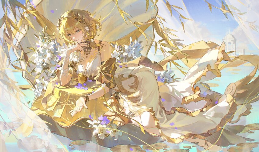 1girl aglaea_(honkai:_star_rail) ancient_greek_clothes blonde_hair blue_sky breasts clam_shell cleavage commentary dress english_commentary greco-roman_clothes green_eyes highres honkai:_star_rail honkai_(series) large_breasts laurel_crown short_hair sky smusmuye solo white_dress