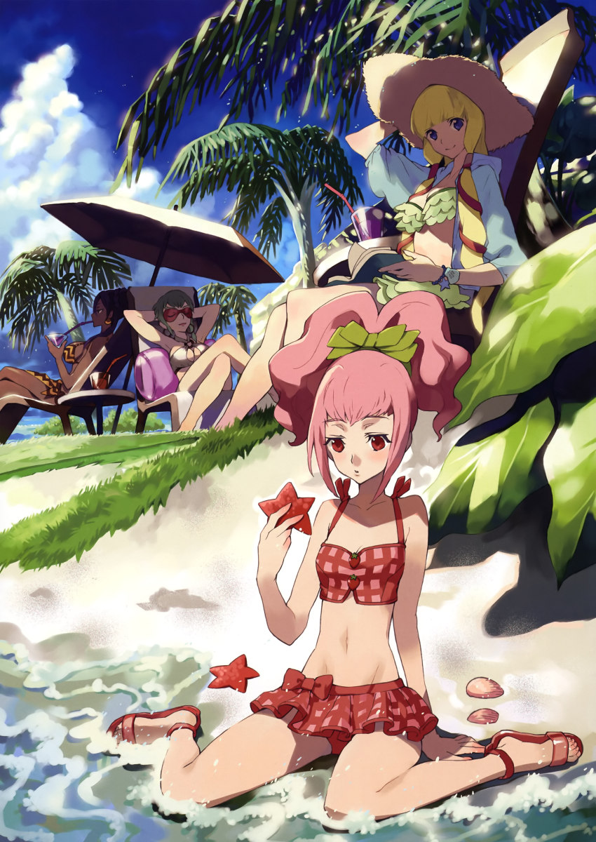 00s 4girls absurdres anya_alstreim bikini code_geass code_geass:_lost_colors dark_skin dark-skinned_female day dorothea_ernst drink hat highres kishiwada_robin knights_of_the_round crossed_legs midriff monica_kruszewski multiple_girls nonette_enneagram sitting starfish sunglasses swimsuit wariza