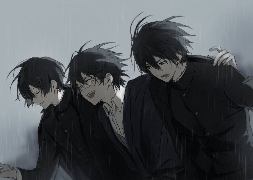 3boys black_hair blue_haori collared_shirt gakuran glasses grey_eyes gum_sfr_03 hand_on_another&#039;s_shoulder haori highres japanese_clothes kawase_(koshotengai_no_hashihime) korean_commentary koshotengai_no_hashihime long_sleeves lower_teeth_only male_focus medium_hair minakami_(koshotengai_no_hashihime) multiple_boys open_mouth rain round_eyewear school_uniform shirt smile tamamori_(koshotengai_no_hashihime) teeth upper_teeth_only white_shirt