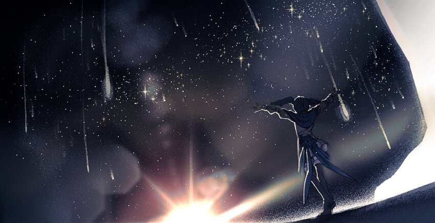 1girl bird_girl bird_tail blue_capelet capelet commentary_request dress facing_away final_fantasy final_fantasy_xiv head_wings korean_commentary lens_flare meteion outstretched_arms shooting_star sky solo spread_arms standing star_(sky) starry_sky tail white_dress wide_shot wings yietwiu