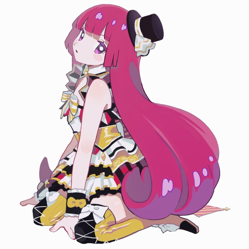 1girl bad_id bad_twitter_id black_hat blunt_bangs boots dress full_body hat hojo_sophy idol_clothes layered_dress long_hair looking_at_viewer mill_gyu mini_hat mini_top_hat parted_lips pink_hair pretty_series pripara purple_eyes simple_background sitting sleeveless sleeveless_dress solo thigh_boots top_hat very_long_hair white_background wrist_cuffs yellow_boots