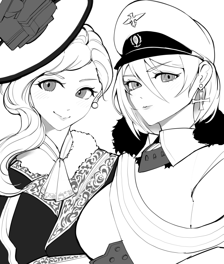 2girls absurdres azur_lane cape closed_eyes cross cross_earrings earrings fur-trimmed_cape fur_collar fur_trim gloves greyscale hat highres hood_(azur_lane) jewelry long_hair looking_at_viewer military_hat military_uniform monochrome multiple_girls nocturnal_melonpan peaked_cap short_hair smile tanaka_atsuko tirpitz_(azur_lane) upper_body voice_actor_connection