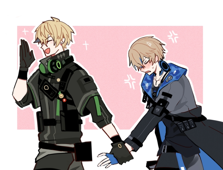 2boys black_coat black_gloves black_jacket blonde_hair blue_gloves blue_hair blush chinese_commentary closed_eyes coat commentary_request fingerless_gloves gloves hand_grab highres jacket kamui:_bastion_(pgr) kamui_(pgr) lee:_entropy_(pgr) lee_(pgr) male_focus multicolored_hair multiple_boys open_clothes open_coat open_mouth punishing:_gray_raven short_hair short_sleeves smile streaked_hair sweat tie_fei_wu_mang_dashuai v-shaped_eyebrows