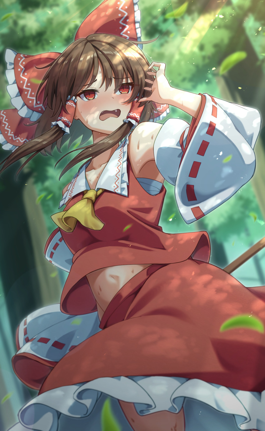 1girl absurdres ascot bare_shoulders blush bow breasts brown_hair chest_sarashi commentary_request detached_sleeves falling_leaves frilled_bow frilled_hair_tubes frilled_skirt frills from_below gohei hair_between_eyes hair_bow hair_tubes hakurei_reimu hand_up highres holding holding_gohei hot leaf long_hair looking_to_the_side medium_breasts medium_hair midriff_peek navel open_mouth outdoors red_bow red_eyes red_shirt red_skirt ribbon-trimmed_sleeves ribbon_trim sarashi shirt skirt skirt_set sleeveless sleeveless_shirt solo sweat teeth touhou tree upper_teeth_only yellow_ascot yosshy