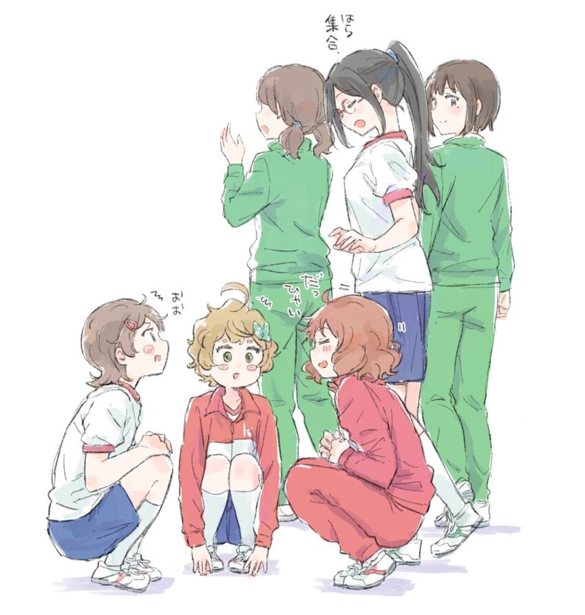 6+girls amano_shin blue_shorts blush_stickers bow glasses gym_shirt gym_shorts gym_uniform hair_bow hair_ornament hairclip hibike!_euphonium katou_hazuki kawashima_sapphire kitauji_high_school_uniform long_hair medium_hair multiple_girls nakaseko_kaori oumae_kumiko saitou_aoi school_uniform shirt short_hair shorts simple_background socks squatting tanaka_asuka translation_request white_background white_socks