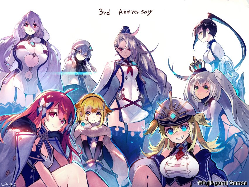 6+girls absurdres ahoge anniversary aqua_eyes bird black_hair blonde_hair breasts brown_eyes cape cleavage cleavage_cutout clothing_cutout company_name crown damocles_(phantom_of_the_kill) dress freischutz_(phantom_of_the_kill) garter_straps gisla_(phantom_of_the_kill) green_eyes grin hat hercule_(phantom_of_the_kill) highres huge_breasts jacket jacket_on_shoulders large_breasts long_hair looking_at_viewer medium_breasts minerva_(phantom_of_the_kill) miniskirt monocle multiple_girls navel navel_cutout ness_(phantom_of_the_kill) official_art owl phantom_of_the_kill ponytail purple_hair ragnarok_(phantom_of_the_kill) red_eyes red_hair short_dress side_cutout sideboob grey_eyes silver_hair skirt smile suiha_(phantom_of_the_kill) thighhighs twintails underboob underboob_cutout very_long_hair