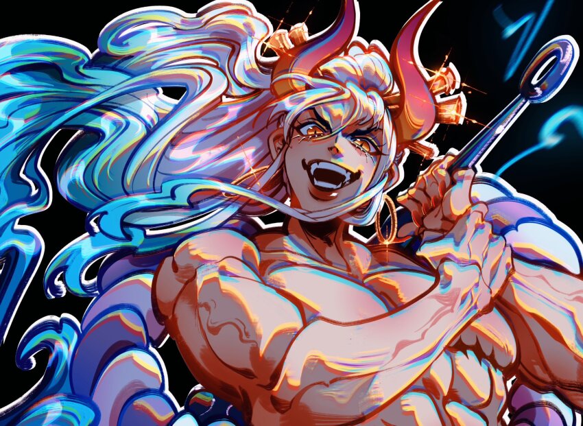 1boy abs fangs genderswap highres horns long_hair looking_at_viewer multicolored_hair muscular muscular_arms muscular_male one_piece open_mouth pectorals smile solo vanxllavina white_hair yamato_(one_piece)
