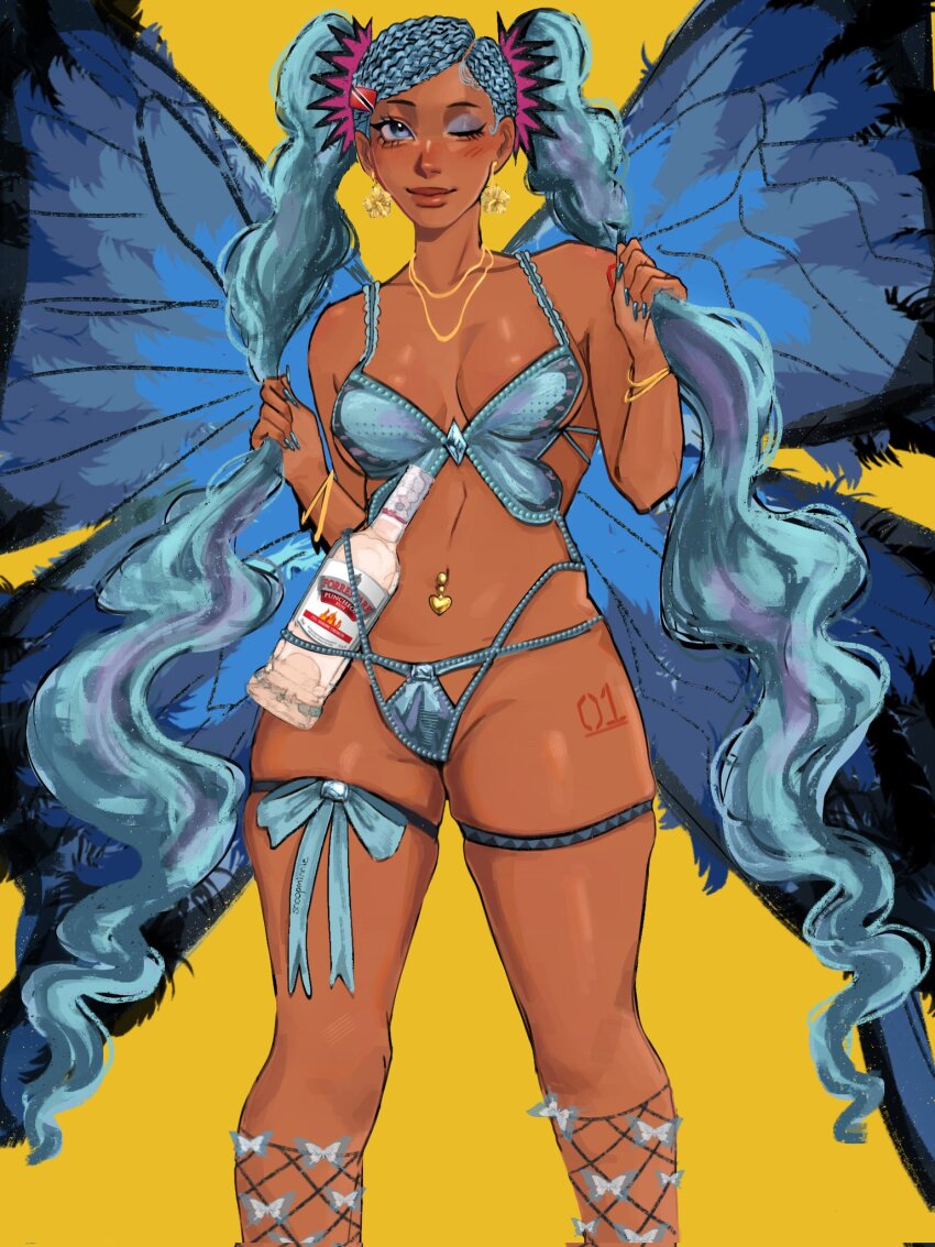 1girl alternate_skin_color aqua_hair bikini blue_bikini blue_butterfly blue_eyes bottle bracelet breasts breasts_apart bug butterfly butterfly_wings earrings eyeshadow feet_out_of_frame flag_hair_ornament hatsune_miku highres holding holding_own_hair insect insect_wings jewelry long_hair looking_at_viewer makeup medium_breasts navel_piercing necklace one_eye_closed piercing simple_background skindentation smile snoopminnie solo swimsuit thighlet trinidad_and_tobago trinidad_and_tobago_flag twintails very_long_hair vocaloid wings worldwide_miku yellow_background
