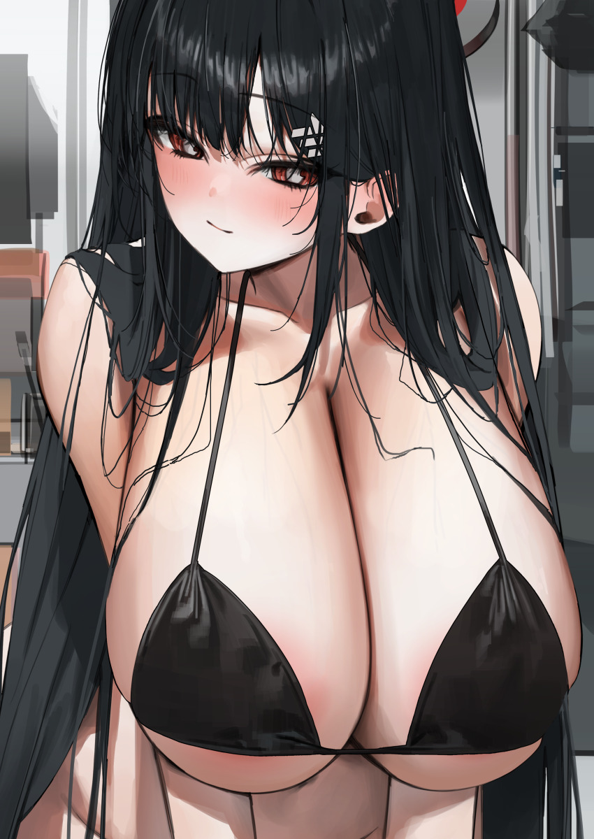 1girl absurdres bikini black_bikini black_hair blue_archive blush breasts hair_ornament hairclip highres huge_breasts light_smile long_hair looking_at_viewer poharo red_eyes rio_(blue_archive) solo swimsuit upper_body