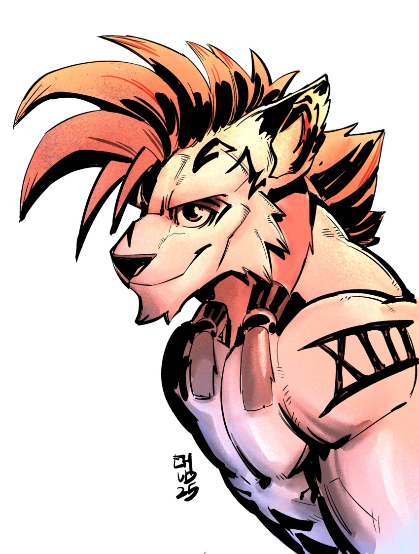 1boy animal_ears animal_nose arm_tattoo artofkurzweil bara commentary dated english_commentary final_fantasy final_fantasy_vii furry furry_male highres looking_at_viewer male_focus monochrome muscular muscular_male red_fur red_hair red_xiii roman_numeral signature smile spiked_hair tattoo topless_male