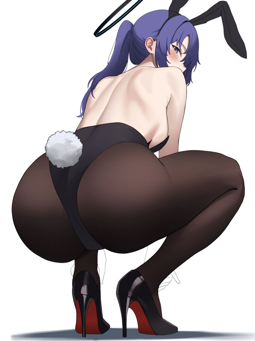 1girl absurdres animal_ear_hairband animal_ears ass bare_back bare_shoulders black_hairband black_leotard black_pantyhose black_shoes blue_archive blue_eyes blush fake_animal_ears fake_tail from_behind hairband highres leotard long_hair looking_at_viewer pantyhose playboy_bunny ponytail purple_hair rabbit_ear_hairband rabbit_ears rabbit_tail rianya07 shoes sidelocks solo squatting strapless strapless_leotard tail yuuka_(blue_archive)