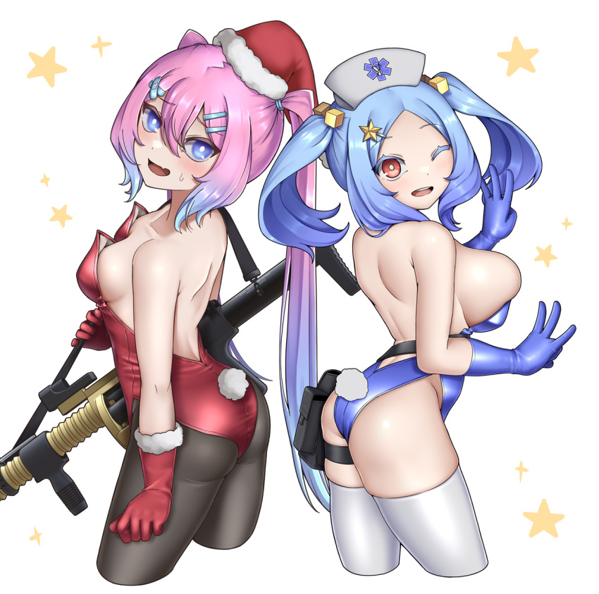 2girls :d ;d ass bandaid bandaid_hair_ornament bare_shoulders bismuth_(paravene) black_pantyhose blue_eyes blue_gloves blue_hair blue_leotard blush breasts bursting_breasts collarbone colored_eyelashes cropped_legs crossed_bandaids cube_hair_ornament double_w elbow_gloves fang from_side fur-trimmed_gloves fur-trimmed_headwear fur_trim gloves gradient_hair grenade_launcher grey_hat gun hair_between_eyes hair_ornament hairclip hat highres large_breasts leotard long_hair looking_at_viewer looking_to_the_side medium_breasts multicolored_hair multiple_girls nurse_cap one_eye_closed open_mouth original pantyhose pink_hair rabbit_tail red_eyes red_gloves red_hat red_leotard rod_of_asclepius santa_hat shoulder_blades simple_background skindentation smile star_(symbol) star_hair_ornament star_symbol_background strapless strapless_leotard sweatdrop tail thighhighs twintails very_long_hair w weapon white_background white_thighhighs