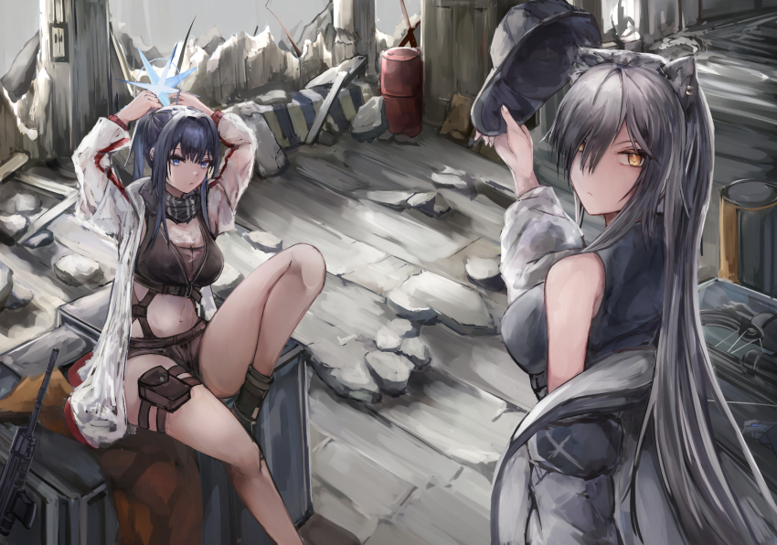 2girls animal_ears arknights arms_up bare_legs baseball_cap black_footwear black_shorts blue_archive blue_eyes blue_hair breasts cat_ears coat commentary_request cosplay costume_switch crop_top foot_out_of_frame grey_coat grey_hair hat holding holding_unworn_clothes holding_unworn_hat kisumun long_hair medium_breasts midriff multiple_girls navel off_shoulder pouch saori_(blue_archive) saori_(blue_archive)_(cosplay) schwarz_(arknights) schwarz_(arknights)_(cosplay) short_shorts shorts sitting stomach thigh_strap thighs unworn_hat unworn_headwear very_long_hair yellow_eyes