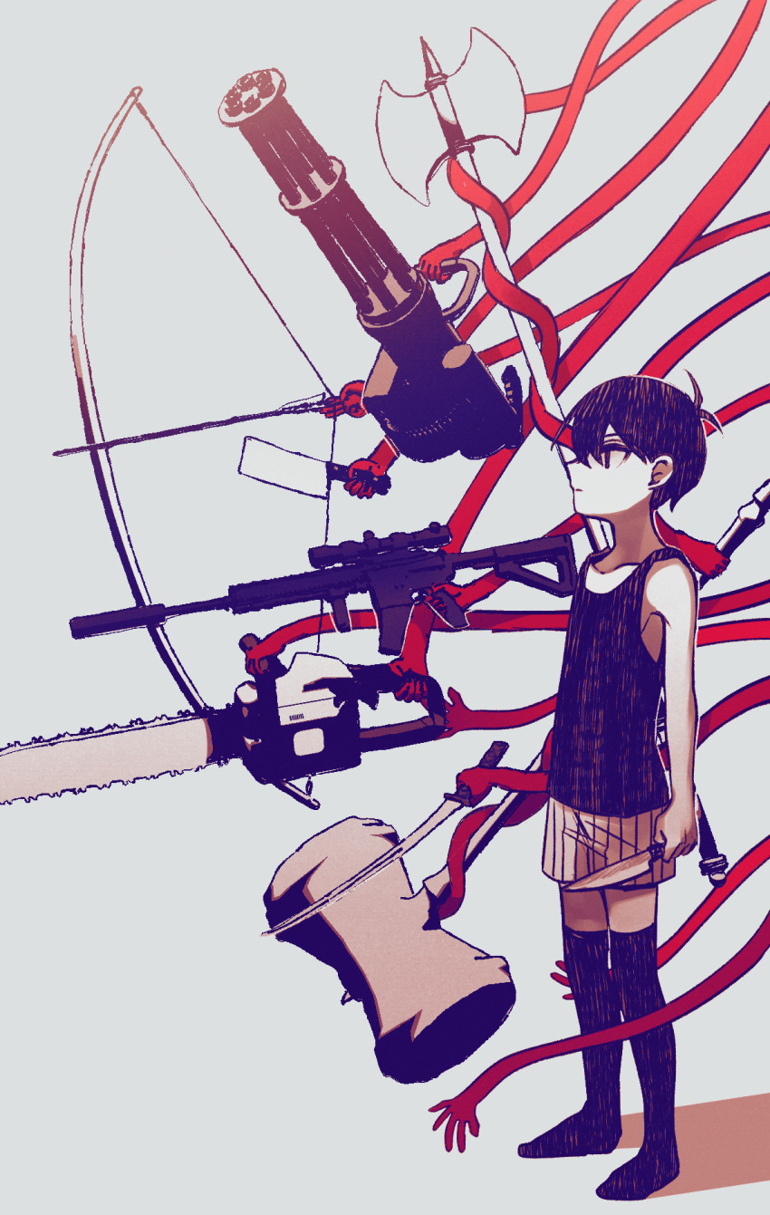 1boy antenna_hair black_eyes black_hair black_tank_top bow_(weapon) chain_gun expressionless gun hammer highres holding holding_hammer holding_sword holding_weapon multiple_weapons multiple_wielding omori omori_(omori) rifle sniper_rifle solo sword tank_top weapon white_background yutsu