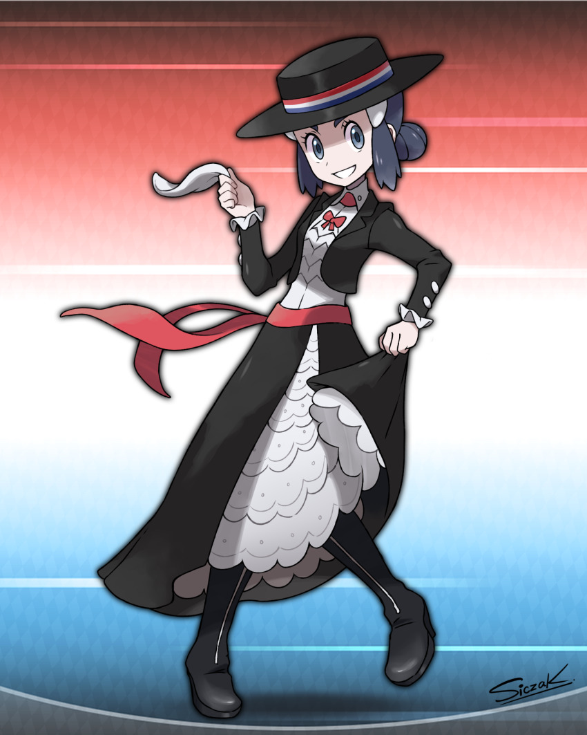 1girl alternate_costume artist_name black_boots black_hat black_skirt boots chile chilean_clothes commentary dawn_(pokemon) dress english_text frilled_dress frills full_body grey_eyes handkerchief hat highres holding holding_handkerchief nintendo pokemon pokemon_dppt siczak signature skirt smile solo standing