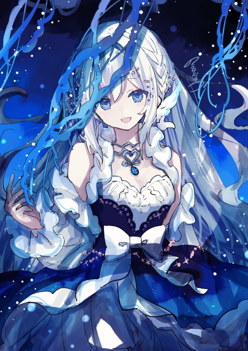 1girl absurdres aitsuki_nakuru bare_shoulders blue_background blue_dress blue_eyes bow detached_sleeves dress highres jewelry la_priere layered_dress long_hair looking_at_viewer multicolored_dress necklace noranekogahara open_mouth signature solo upper_body utaite white_bow white_dress white_hair