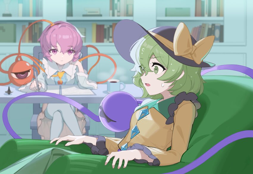 2girls absurdres black_hairband black_hat blouse blue_shirt bow buttons devilkillerx diamond_button eyeball frilled_shirt_collar frilled_sleeves frills green_hair green_skirt hair_ornament hairband hat hat_bow hat_ribbon heart heart_button heart_hair_ornament heart_of_string highres komeiji_koishi komeiji_satori multiple_girls pink_eyes pink_hair pink_skirt ribbon ribbon-trimmed_collar ribbon_trim shirt siblings sisters sitting skirt thighhighs third_eye touhou white_thighhighs wide_sleeves yellow_bow yellow_ribbon yellow_shirt