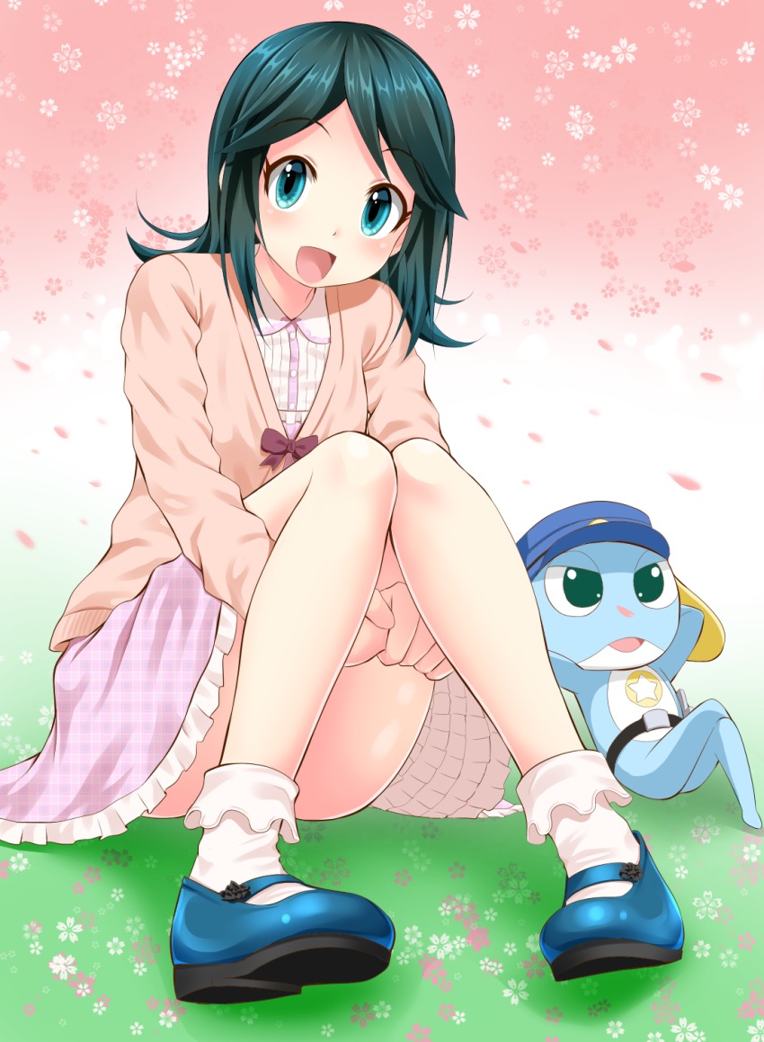 1girl antennae aqua_eyes bad_id blue_eyes bobby_socks cardigan dress female_focus frilled_skirt frilled_socks frills green_hair highres keroro_gunsou knees_together_feet_apart long_hair looking_at_viewer mary_janes oekakizuki open_mouth poyon_(keroro_gunsou) shoes sitting skirt smile socks solo white_socks