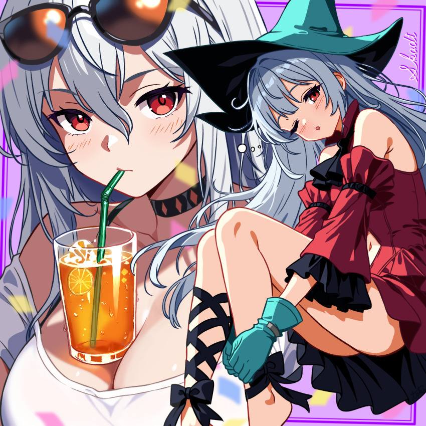 aqua_gloves aqua_hat arknights ascot ass bare_shoulders black_ascot blue_background blush breasts character_name choker cleavage close-up clothing_cutout cup detached_sleeves dress drinking_straw drinking_straw_in_mouth eyewear_on_head feet_out_of_frame food_on_body food_on_breasts gloves grey_hair hair_between_eyes hat highres large_breasts leg_ribbon long_hair long_sleeves looking_at_viewer navel_cutout official_alternate_costume one_eye_closed pointy_hat portrait red_dress red_eyes red_sleeves ribbon shirt sitting skadi_(arknights) skadi_the_corrupting_heart_(arknights) sunglasses tokinin4 upskirt very_long_hair white_hair white_shirt