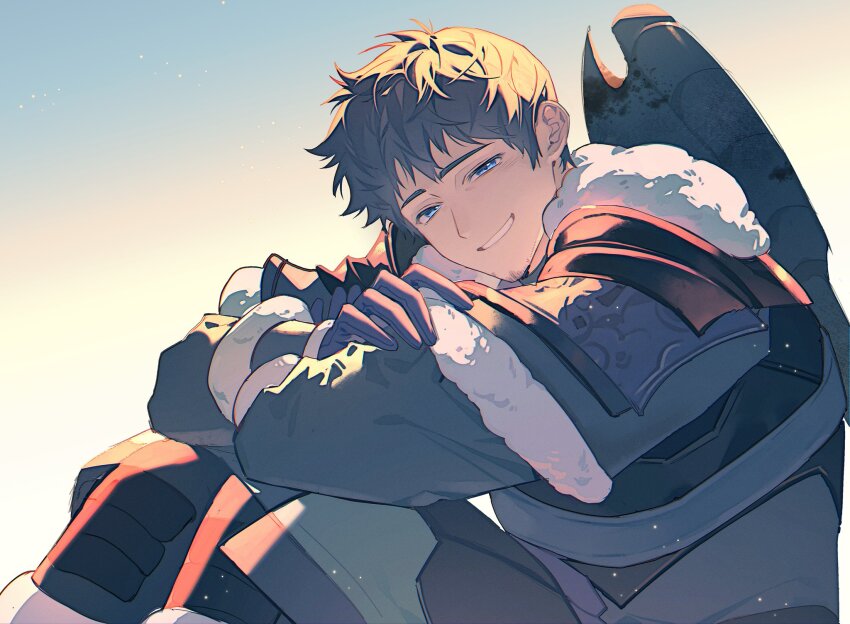 1boy ardbert_hylfyst arm_rest axe blue_eyes brown_hair facial_hair final_fantasy final_fantasy_xiv fur_trim gloves goatee_stubble gradient_background grin half-closed_eyes head_tilt highres looking_at_viewer male_focus short_hair sitting smile solo stubble weapon weapon_on_back zhi1900