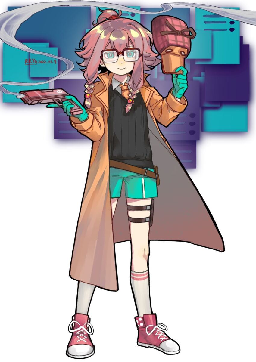 1girl arknights artist_name asymmetrical_legwear belt_pouch black_vest braid coat commentary_request dated deerstalker glasses gloves green_eyes green_gloves green_shorts gun handgun hat highres holding holding_gun holding_unworn_clothes holding_unworn_hat holding_weapon looking_at_viewer may_(arknights) may_(elite_ii)_(arknights) mismatched_legwear multicolored_shoes necktie orange_hat orange_necktie pink_hair pink_hat pink_shoes plaid_clothes pouch rectangular_eyewear red-framed_eyewear rryy semi-rimless_eyewear shirt shoes short_hair_with_long_locks shorts smile smoke smoking_barrel sneakers socks solo striped_clothes striped_socks thigh_pouch thighhighs trench_coat twin_braids two-tone_shoes unworn_hat unworn_headwear vest weapon white_shirt white_shoes white_socks white_thighhighs