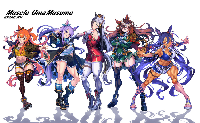 5girls abs animal_ears ascot black_footwear blunt_bangs boots bow breasts brown_hair cape cleavage epaulettes gloves gold_ship_(umamusume) gold_trim hat high_heels highres hishi_amazon_(umamusume) horse_ears horse_girl horse_tail leggings long_hair mayano_top_gun_(umamusume) mejiro_mcqueen_(umamusume) midriff miniskirt multicolored_hair multiple_girls muscular muscular_female orange_hair pillbox_hat purple_eyes purple_hair short_shorts shorts single_epaulette skirt streaked_hair symboli_rudolf_(umamusume) tail take_nii thick_thighs thighhighs thighs toeless_footwear tongue tongue_out umamusume very_long_hair white_hair