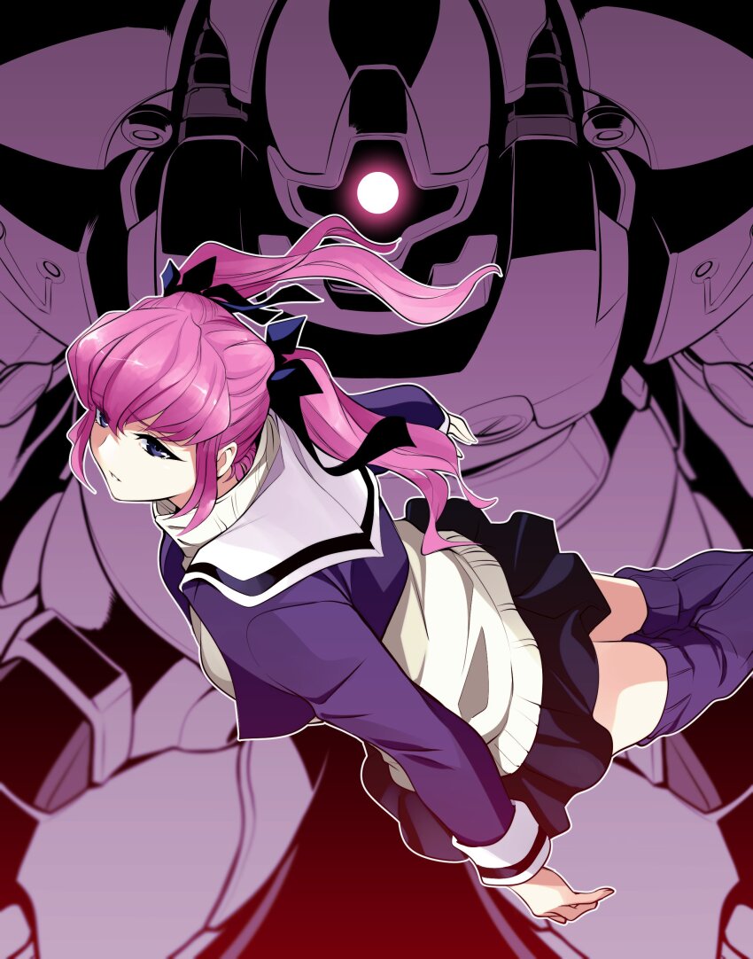 1girl absurdres breasts char&#039;s_deleted_affair commentary_request dom_(mobile_suit) glowing glowing_eye gundam haman_karn highres kato_takuji long_hair long_sleeves mecha mobile_suit one-eyed open_mouth pink_hair purple_eyes robot science_fiction shirt skirt socks twintails zeon