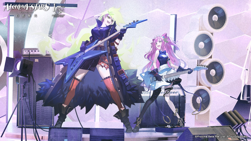 2girls alchemy_stars anniversary apron armband barbara_(alchemy_stars) bare_shoulders black_coat black_dress black_footwear black_gloves black_shirt black_skirt boots bow bowtie breasts chain coat commentary company_name copyright_name dress english_commentary fang fiery_hair gloves green_hair guitar highres holding holding_instrument instrument legs_apart long_hair maid_headdress medium_breasts multiple_girls official_art open_mouth pink_hair red_thighhighs regina_(alchemy_stars) shirt short_sleeves single_thighhigh skin_fang skirt small_breasts smile speaker stage stage_lights standing strapless strapless_dress thigh_strap thighhighs two_side_up waist_apron