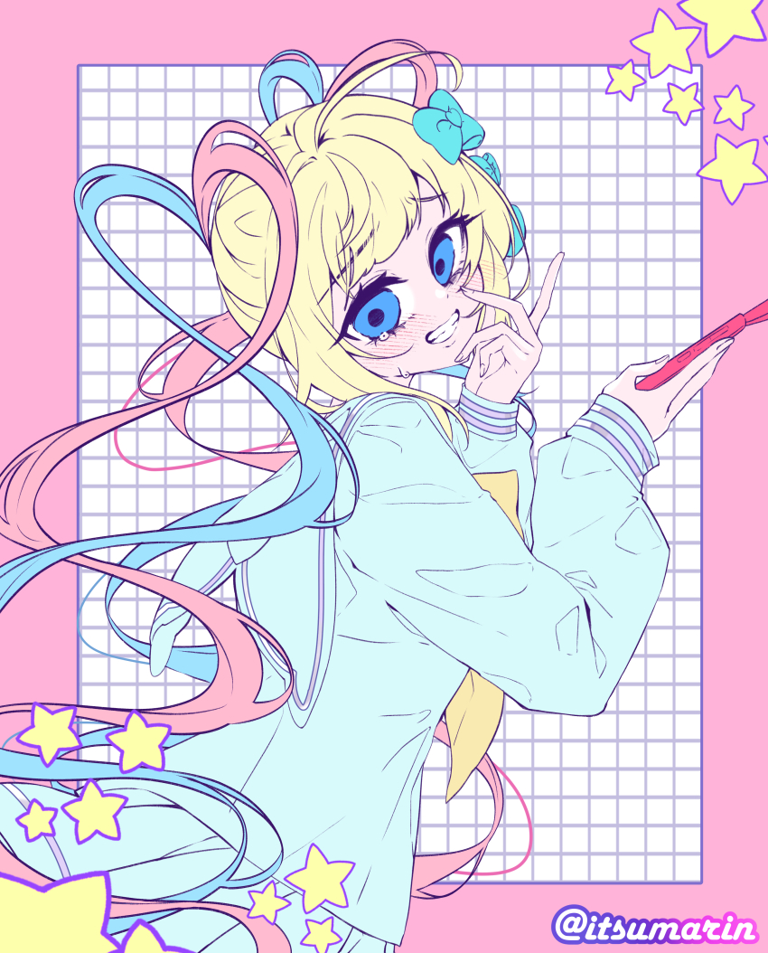 1girl absurdres blonde_hair blue_hair blue_serafuku border bow chest_bow chouzetsusaikawa_tenshi-chan grid_background hair_bow hand_on_own_face highres holding holding_paintbrush index_finger_raised itsumarin looking_back multiple_hair_bows needy_girl_overdose outside_border paintbrush pink_border pink_hair quad_tails school_uniform serafuku sidelocks solo star_(symbol) upper_body