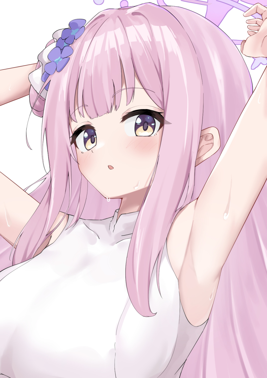 1girl :o armpits arms_behind_head arms_up bare_shoulders blue_archive blunt_bangs blush breasts commentary flower hair_bun hair_flower hair_intakes hair_ornament halo highres large_breasts long_hair looking_at_viewer mika_(blue_archive) open_mouth osmium-76 pink_hair pink_halo presenting_armpit purple_flower shirt sidelocks single_side_bun solo straight_hair sweat upper_body white_shirt yellow_eyes