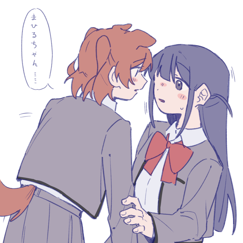 2girls aijou_karen animal_ears blunt_bangs blush_stickers bow bowtie breast_pocket brown_hair brown_tail chinese_commentary collared_shirt commentary_request dog_ears dog_girl dog_tail dot_nose eye_contact face-to-face fingernails grey_jacket grey_skirt hand_on_another&#039;s_arm highres jacket kemonomimi_mode long_hair looking_at_another motion_lines multiple_girls one_side_up open_clothes open_jacket parted_lips pleated_skirt pocket purple_eyes purple_hair red_bow red_bowtie rei931218 school_uniform seishou_music_academy_uniform shirt short_hair shoujo_kageki_revue_starlight simple_background single_blush_sticker skirt speech_bubble sweatdrop tail translated tsuyuzaki_mahiru two_side_up upper_body white_background white_shirt yuri