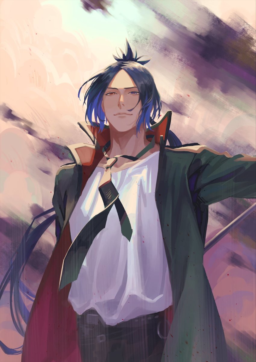 1boy belt black_hair black_necktie black_pants blue_eyes blue_hair collarbone cowboy_shot heterochromia high_collar highres ho_fan jacket katekyo_hitman_reborn! loose_necktie low_ponytail male_focus multicolored_hair multiple_belts necktie open_clothes open_jacket outstretched_arm pants parted_bangs ponytail red_eyes rokudou_mukuro shirt short_hair short_hair_with_long_locks smile solo two-tone_hair white_shirt