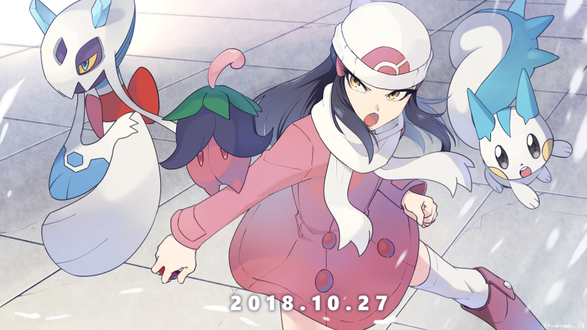 1girl beanie black_hair boots cherrim cherrim_(overcast) coat commentary_request dated dawn_(pokemon) froslass gen_4_pokemon hat highres holding holding_poke_ball nintendo open_mouth pachirisu pink_boots pink_coat poke_ball poke_ball_(basic) pokemon pokemon_(creature) pokemon_adventures rozu_ki scarf socks tile_floor tiles white_hat white_scarf white_socks yellow_eyes