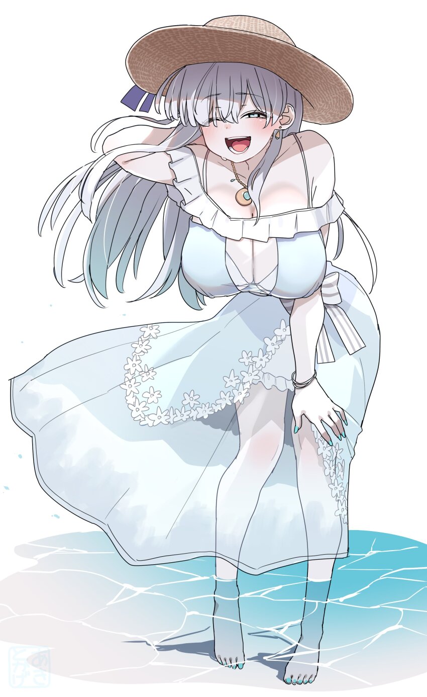 1girl absurdres akitokage anastasia_(fate) anastasia_(swimsuit_archer)_(first_ascension)_(fate) aqua_nails bare_shoulders barefoot blue_dress blue_eyes blush bracelet breasts cleavage collarbone dress earrings fate/grand_order fate_(series) full_body hair_over_one_eye hat highres jewelry large_breasts leaning_forward long_hair looking_at_viewer nail_polish necklace one_eye_closed open_mouth partially_submerged pendant see-through_clothes see-through_skirt skirt smile solo straw_hat very_long_hair water white_hair