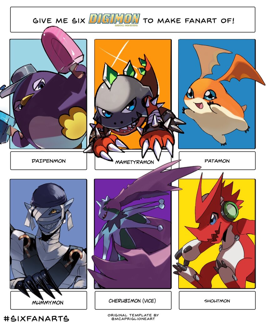 blue_eyes cherubimon cherubimon_(vice) corruption daipenmon digimon digimon_(creature) headphones highres mametyramon mummymon patamon sharp_teeth shoutmon teeth yellow_eyes