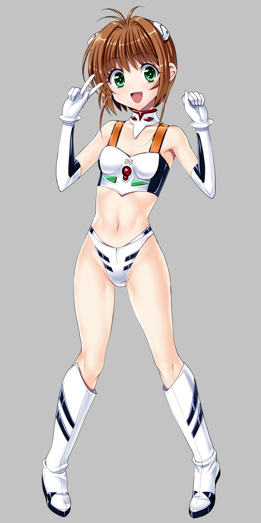 1girl :d absurdres ayanami_rei_(cosplay) boots brown_hair cardcaptor_sakura child cosplay crossover female_focus green_eyes hair_ornament highres kinomoto_sakura knee_boots looking_at_viewer midriff navel neon_genesis_evangelion open_mouth plugsuit_(cosplay) race_queen smile standing tagme v