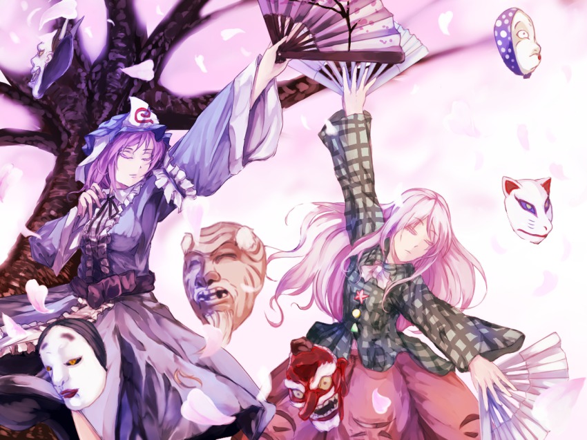 2girls amatou3 cherry_blossoms dancing closed_eyes hand_fan fan_dancing folding_fan hata_no_kokoro mask multiple_girls noh_mask pink_hair saigyouji_yuyuko touhou