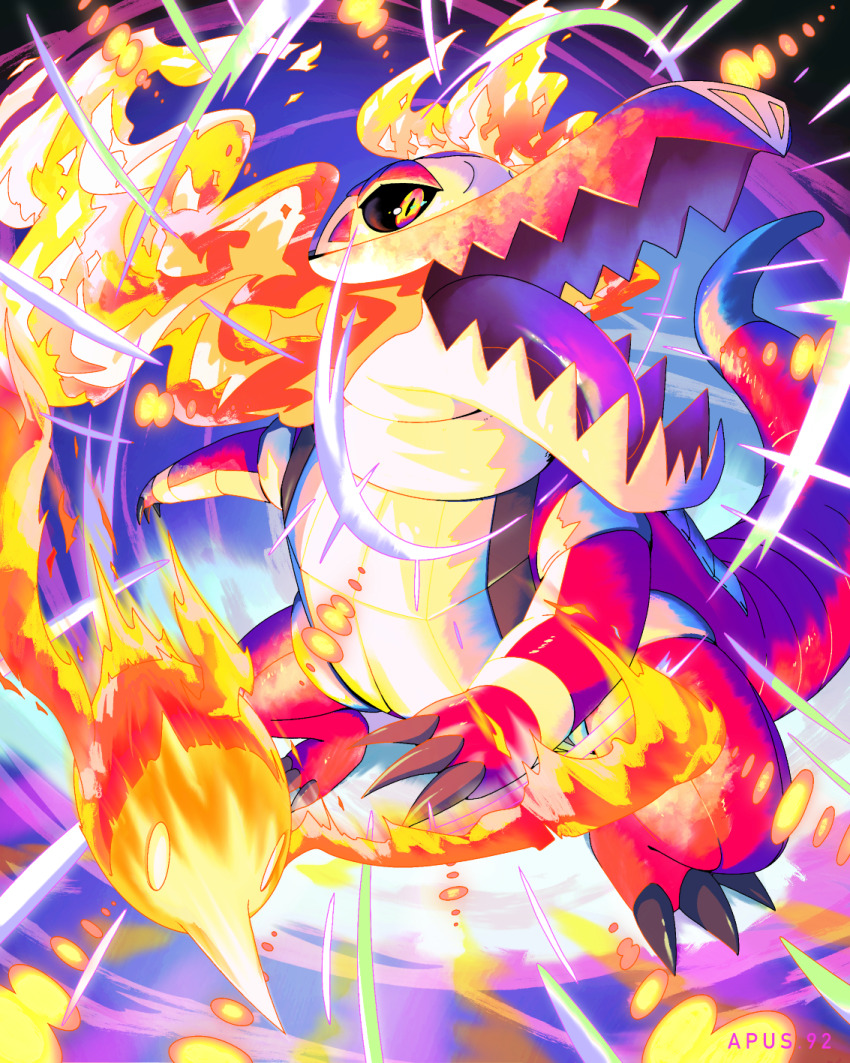 animal_focus apus_92 artist_name bird black_sclera claws colored_sclera fire fire_bird_(skeledirge) highres nintendo no_humans open_mouth orange_eyes pokemon pokemon_(creature) pokemon_focus pokemon_move skeledirge slit_pupils tongue torch_song_(pokemon)